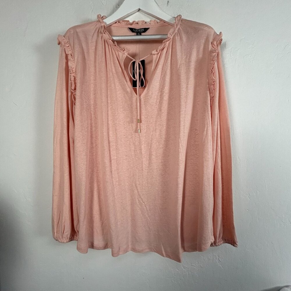 Lauren Ralph Lauren Womens Ruffled Peasant Blouse 2X Pink Long Sleeve New $89